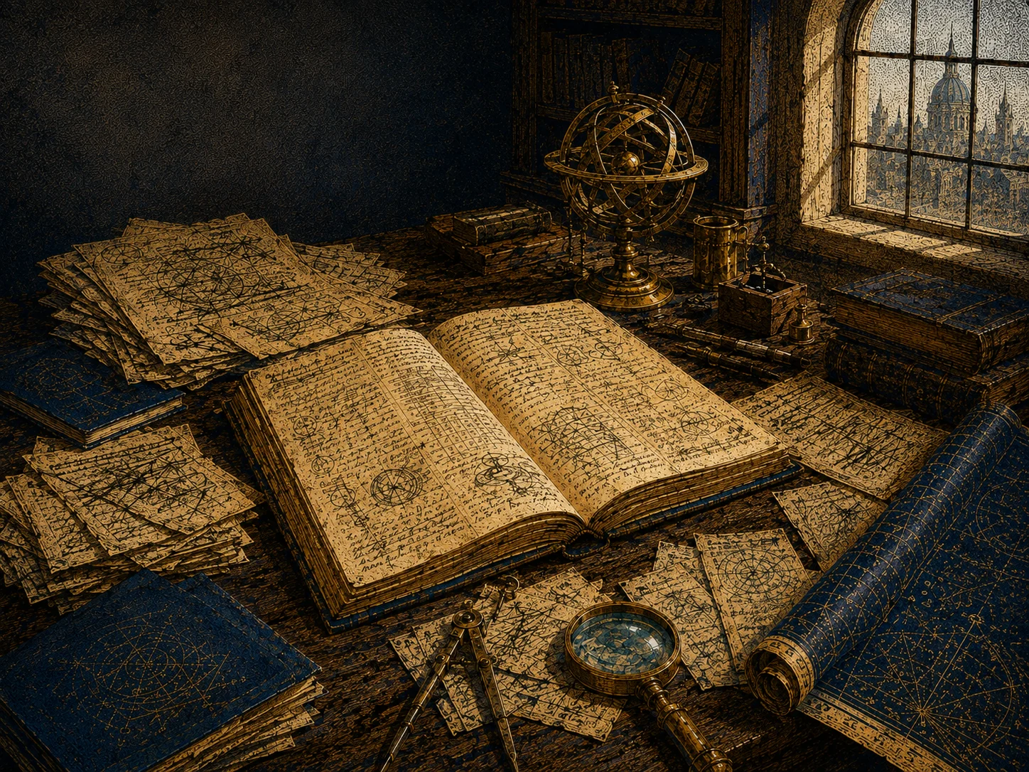An engraved researcher's desk: an open notebook of dense handwriting, annotated papers, dividers, a lens and an armillary sphere by a tall window.